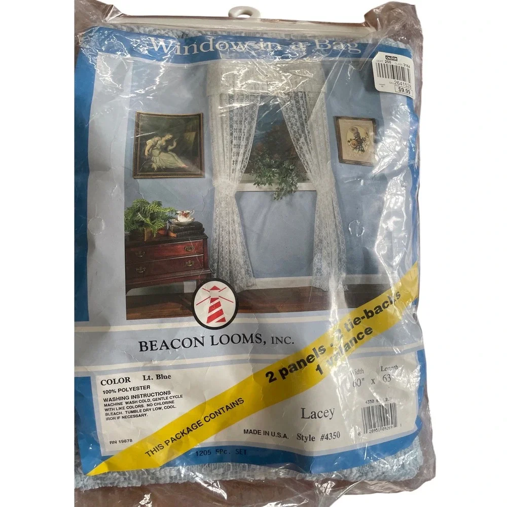 2 Vintage Beacon Looms Lacey Light Blue Lace Curtains 5pc Window in a Bag 60x63